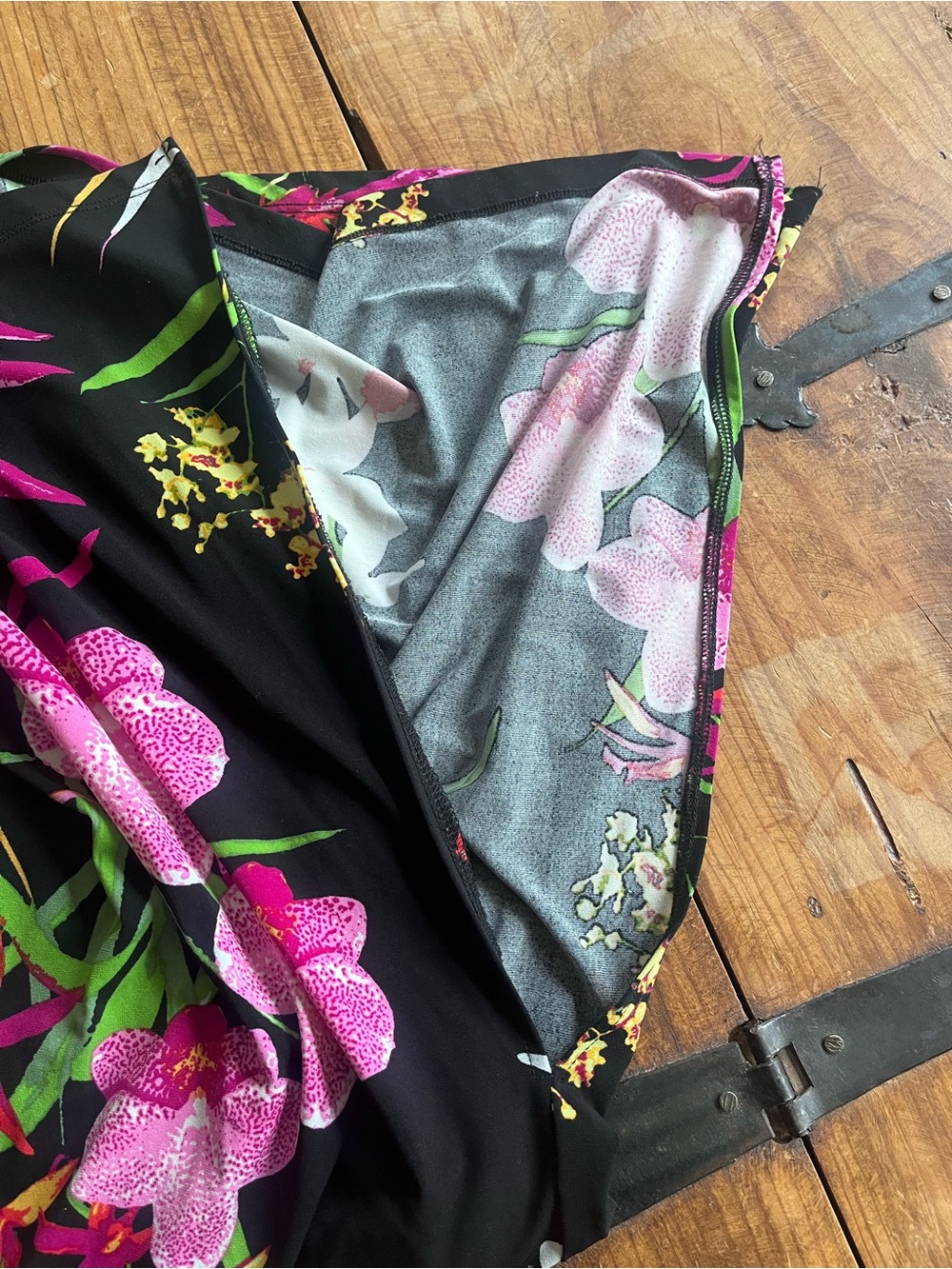 G.I.L.I. Black Wide Leg Side Slit Pants with Pink & Green Floral Print - Picture 2 of 4